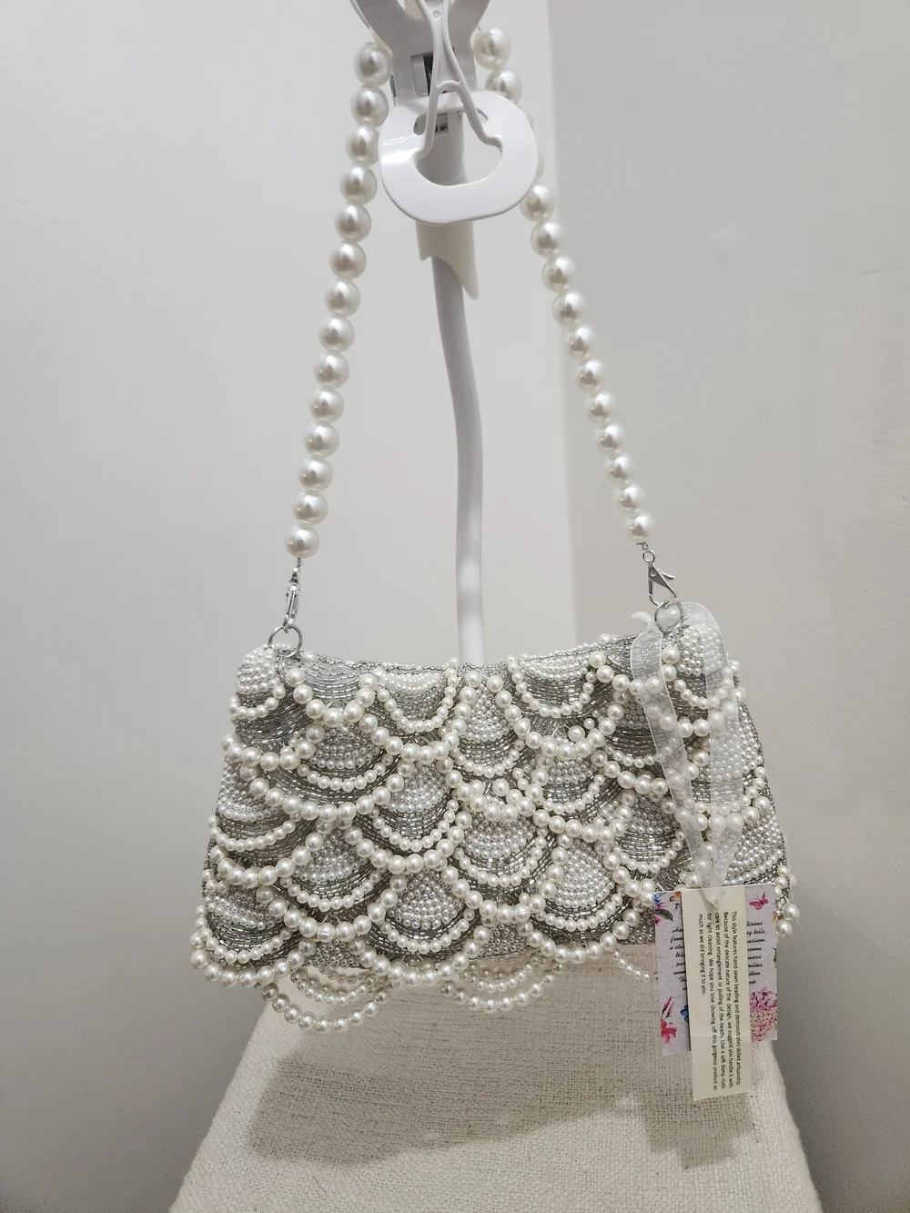 Pearl-Embellished White Beaded Shoulder Bag